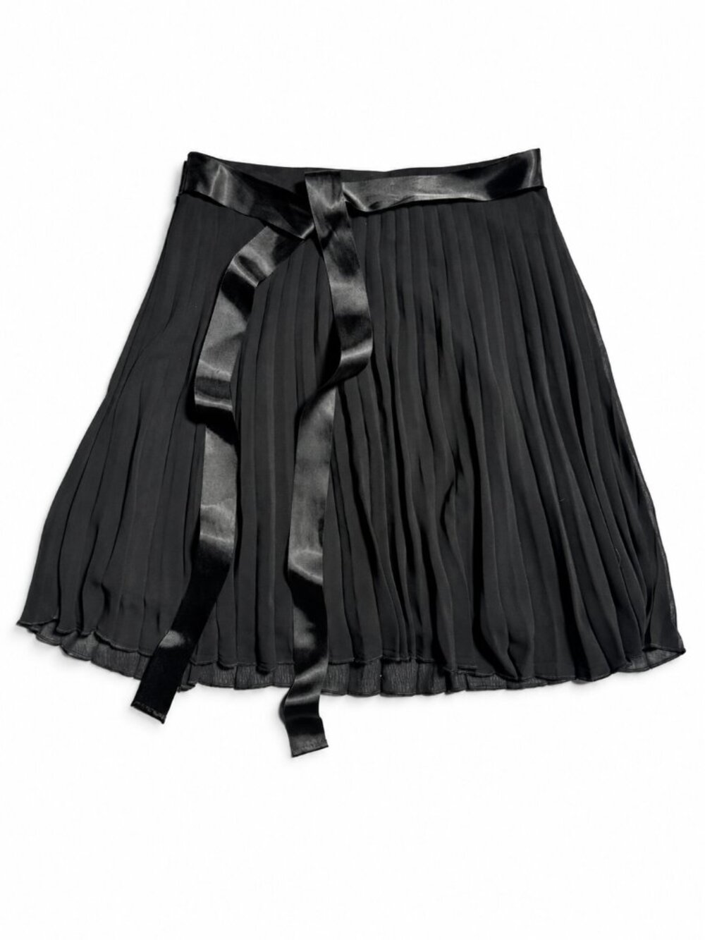 Rave Stretch Women's Black Pleated Mini Skirt with Satin Waist Tie Accent Size L